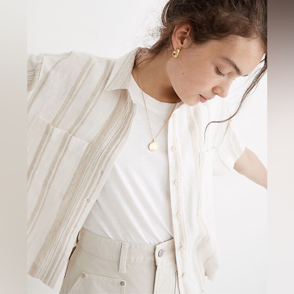 Madewell Linen Short Sleeve Button Up Top White/Natural Stripe, Size M
